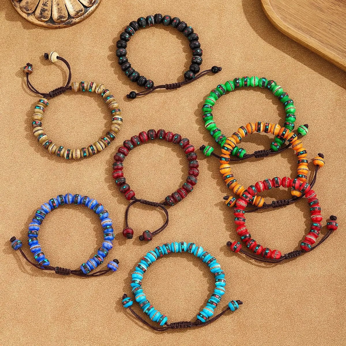 Vintage Nepal Tibetan Style Cow Bone Inlaid Color Loose Beads DIY Handmade Braided Bracelet Craft Jewelry Making Spacer Beads
