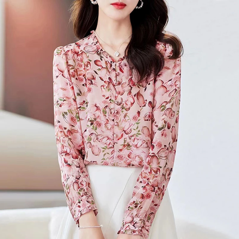 

Элегантная шикарная женская блузка с цветочным принтом, весенне-осенняя рубашка с длинным рукавом, модные блузки для женщин, 100% натуральный шелк, свободный крой
