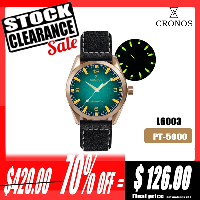 Cronos Diver Men Watch Bronze CuSn8 Automatic PT5000 SW200 Sapphire Crystal See through Back Leather Strap 20ATM DATE L6003