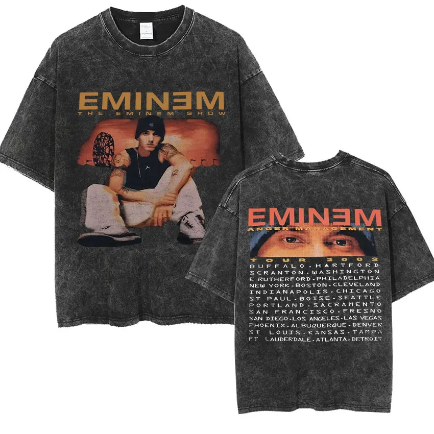 90s Rapper Eminem World Tour Music Graphic T Shirts Men\'s Cool Hip Hop Vintage Washed Oversized T-shirt Unisex Gothic Streetwear