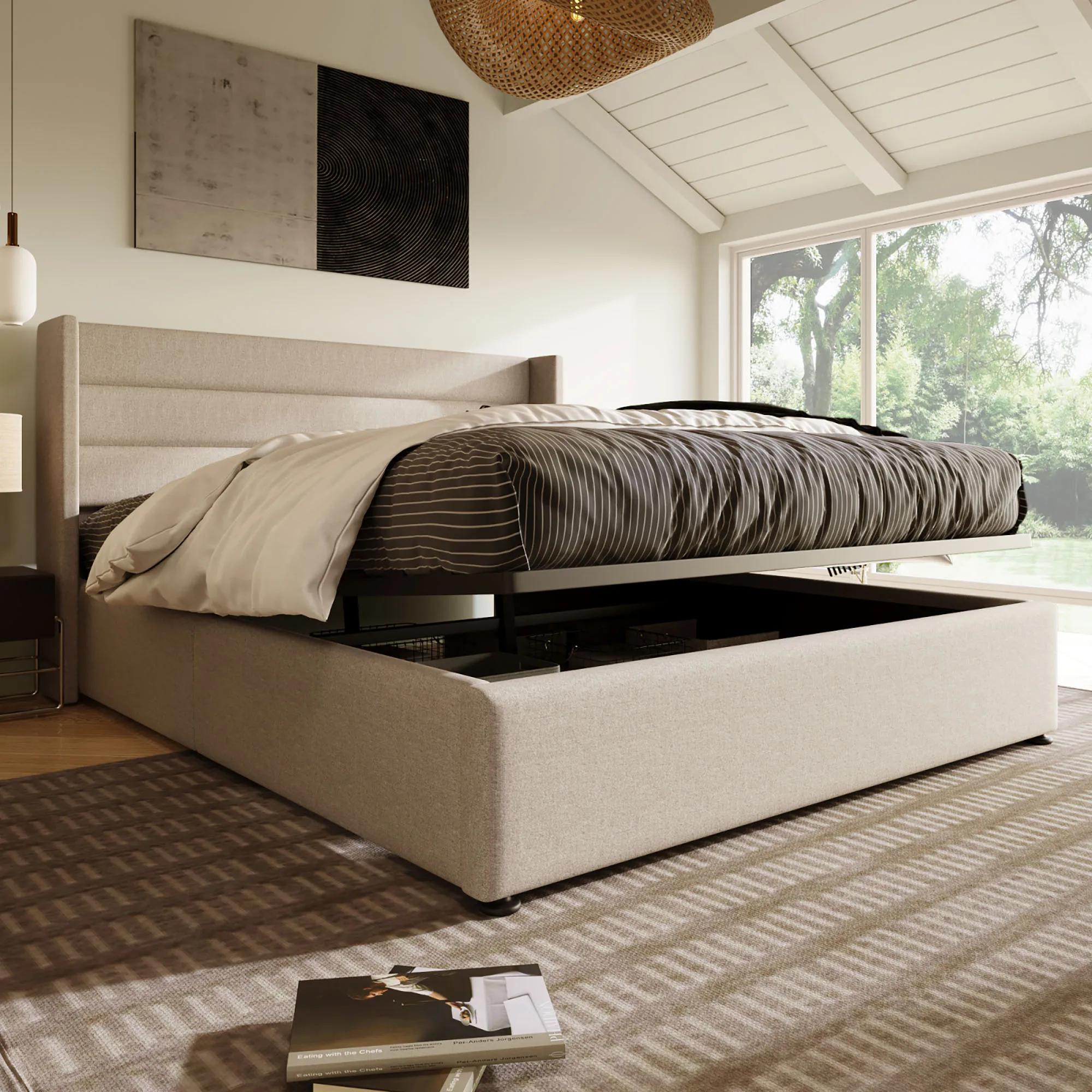 160x200cm Beige Linen Padded Platform Bed Frame with Storage Space, Hydraulic Double Bed, Wooden Upholstered Bed