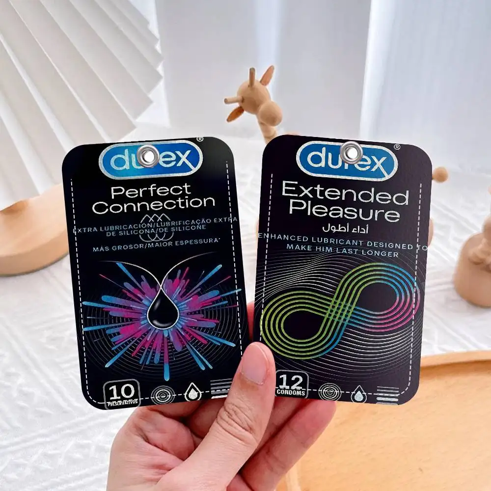 Sexy Condom Brand D-Durex Rectangle ID Card Case Keychain Access Card Bag Key Tag Ring Leather Card Holder Key Ring Access