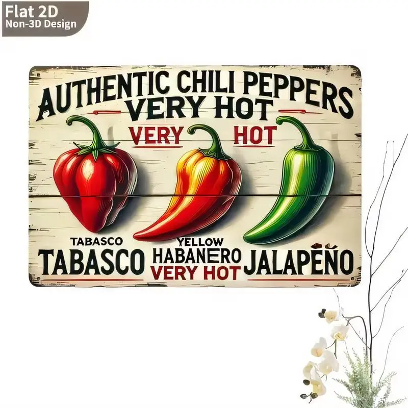 Very Hot Authentic Chili Peppers Vintage Metal Tin Sign - Retro Rustic Wall Art with Tabasco, Habanero, Jalapeño, Iron Material,