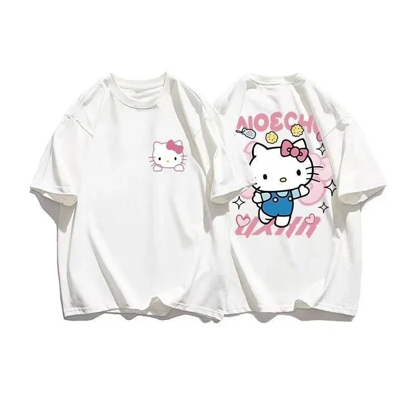 MINISO Summer Hello Kitty Casual Short-sleeved T-shirt Men Women Loose Korean Fashion Y2K Top Sanrio Clothes Streetwear T-shirt