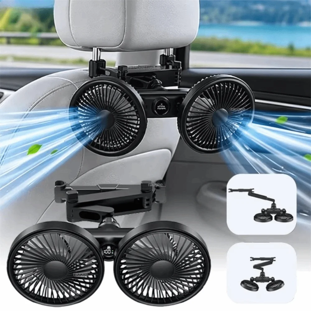 Dual Head Car Backseat Fan 360° Rotatable Strong Air Flow Portable Car Fan Multi Angle Adjust Easy Install USB Car Fan