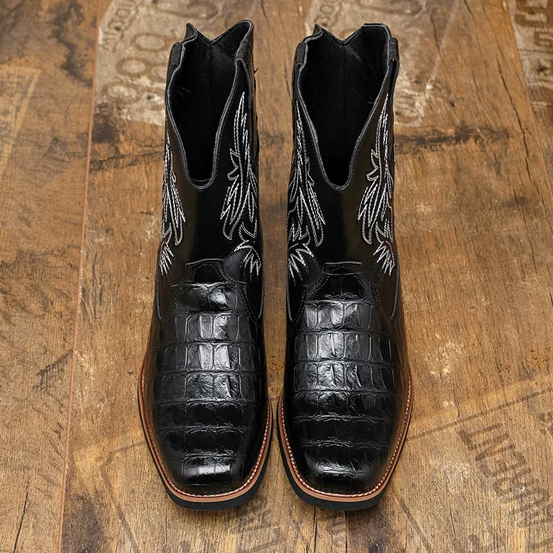 Men's Croc-Embossed Western Cowboy Boots Embroidered Mid-Calf Leather Booties with Square Toe Low Block Heel Vintage Footwear view 3