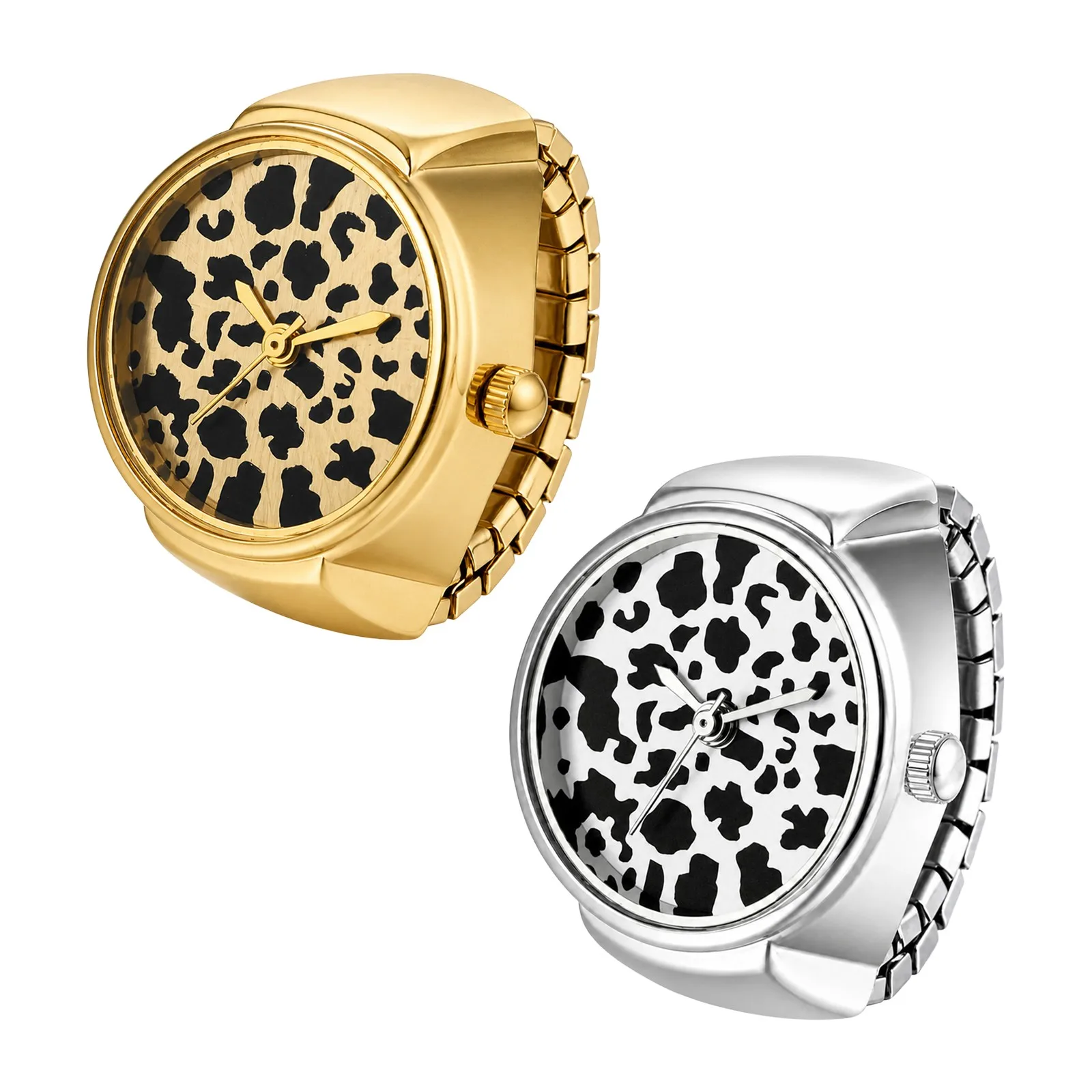 Womens Leopard Printed Dial Elastic Band Ring Watch US Size 7-8 Jewelry Gift Ladies Stretch Finger Watch Fashion Daily Gift