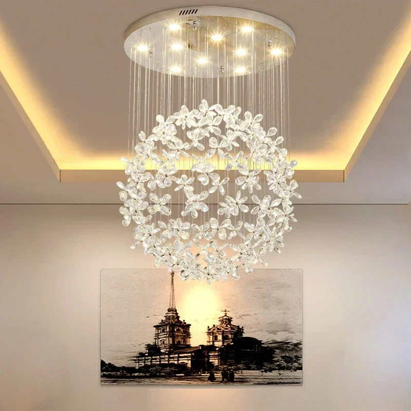 Modern K9 Chandelier Indoor Glossy Crystal Staircase Light For Villa Mall Living Room Gu10 LED Lamp Luxurious Flower Ball Lighti