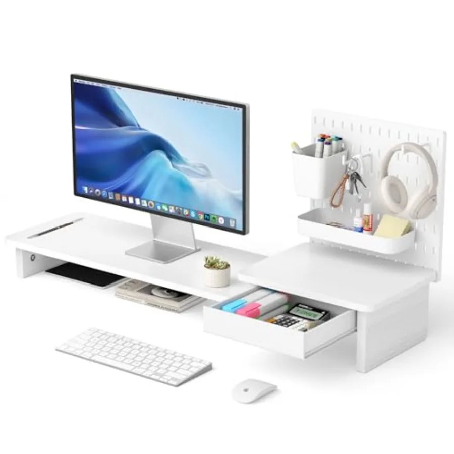 Pegboard Monitor Stand Riser with 2 Hooks Cable Management Desk Organizer and Drawer for Laptop PC Computer Printer White