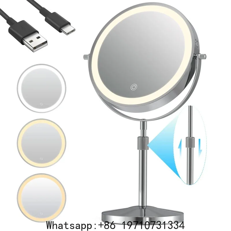 

8 Inch Makeup Mirror Double Sided With Light Lamp 10X Magnification 3 Color Lights,Adjustable Brightness Height