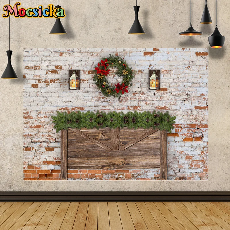 Mocsicka Photography Background Merry Xmas Christmas Wreath Broken Wall Backdrop Bed Decor Family Portrait Studio Photo Prop