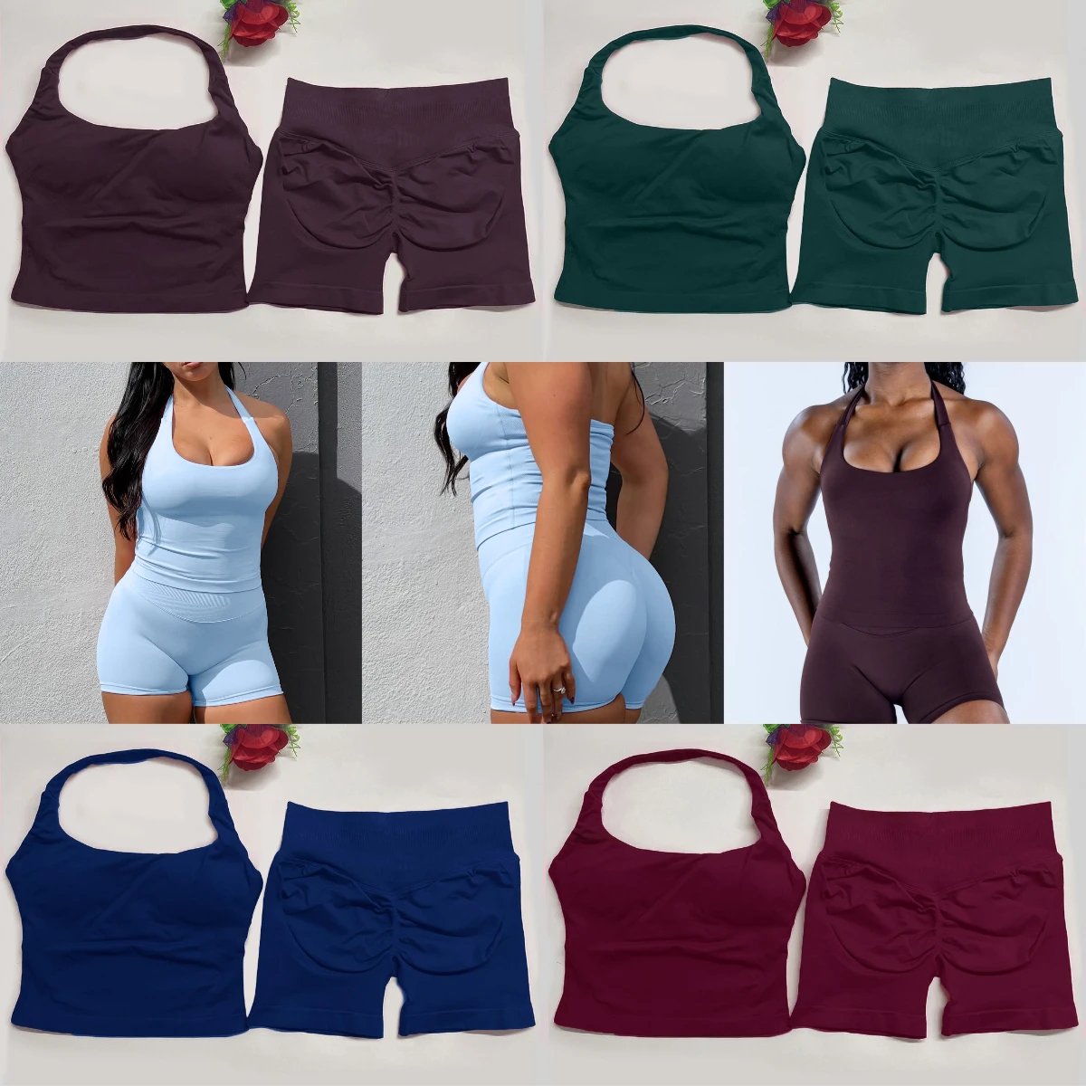 

yoga outfits Women 2 pcs Sports DF Impact Set halterneck Backless Halter Top Seamless Scrunch Bum Shorts Gym Workout Sports Suit