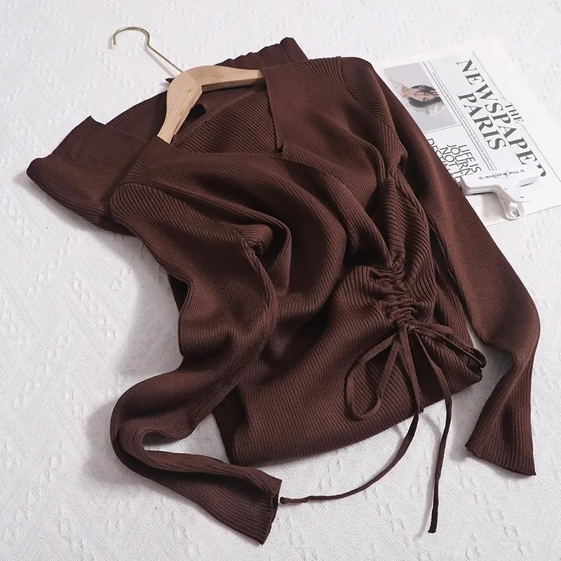 Autumn Winter New Slim-fit Slim V-neck Drawstring Knitted Sweater Dress Women Elegant Solid Color Long-sleeved Split Base Dress