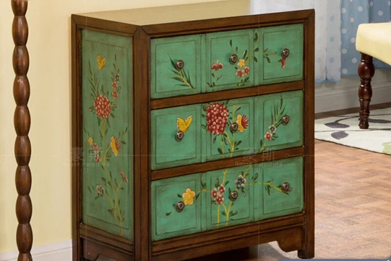 

Wizard of Oz Living Room Painted Three-Bucket Cabinet Distressed Green Chest of Drawer Bedside Table