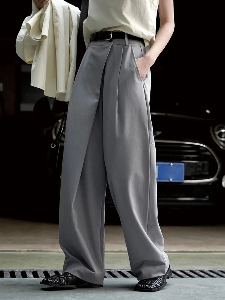 [LANMREM] Minimalism Irregular Pleated Pants Women Solid Straight Wide Leg Pants Korean Style Clothing 2024 Autumn New 26D2368