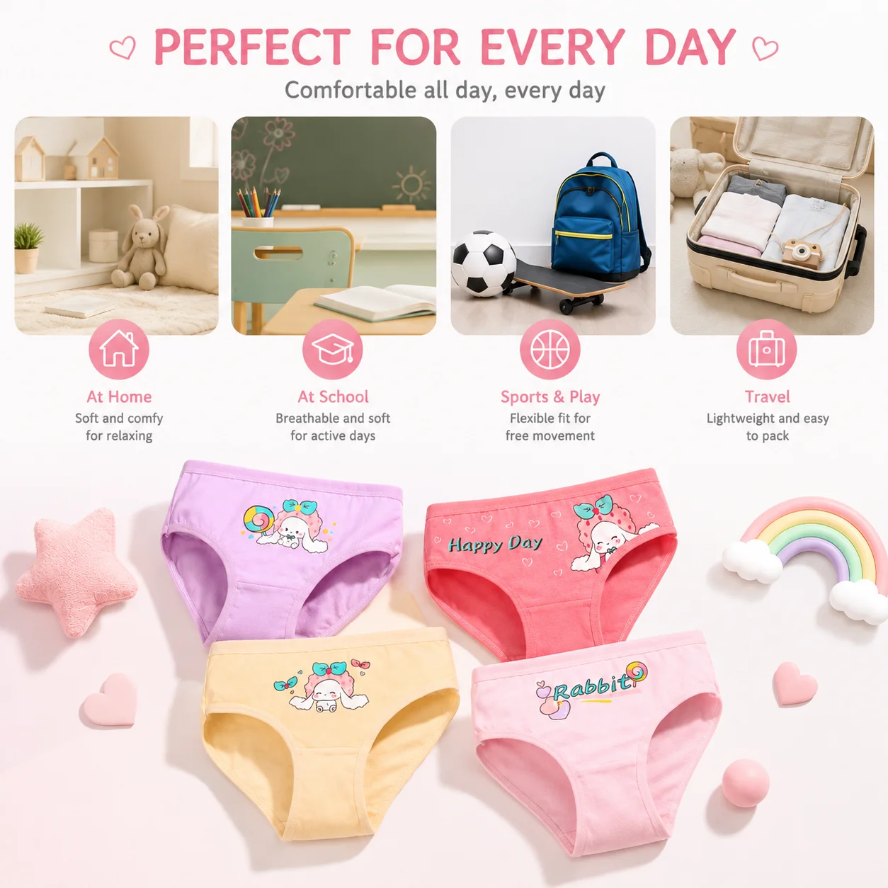 4-Pack Cute Cartoon Girls Panties Premium Soft Cotton Girls Briefs with Pretty Rabbit Flamingos Pattern 2-9T Children Underwear