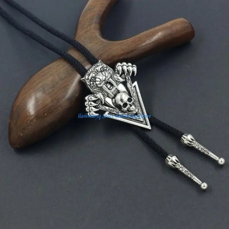 

573B Punk Bolo Tie Unique Engraved Silver Skull Neck Tie Pendant Rope Tie for Casual and Special Occasion Men's Accessories