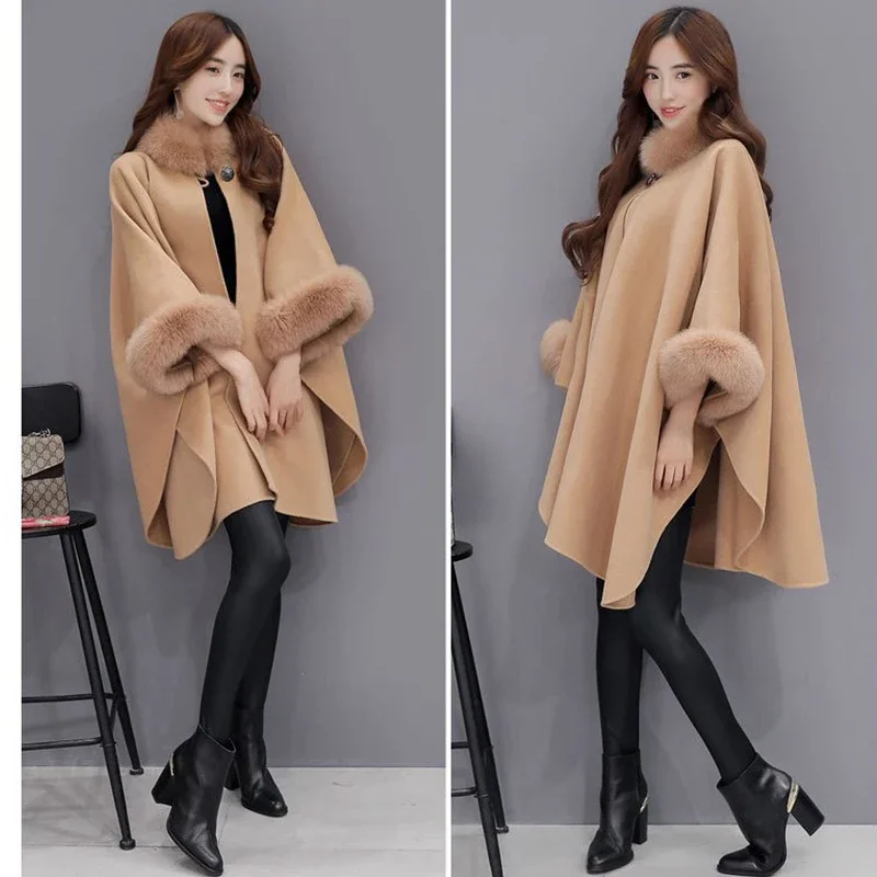 

Women Cloak Shawl Jacket Plus Size High Quality Women Long Wool Fox Fur Collar Coat Elegant Winter Female Outwear New Bigsweety