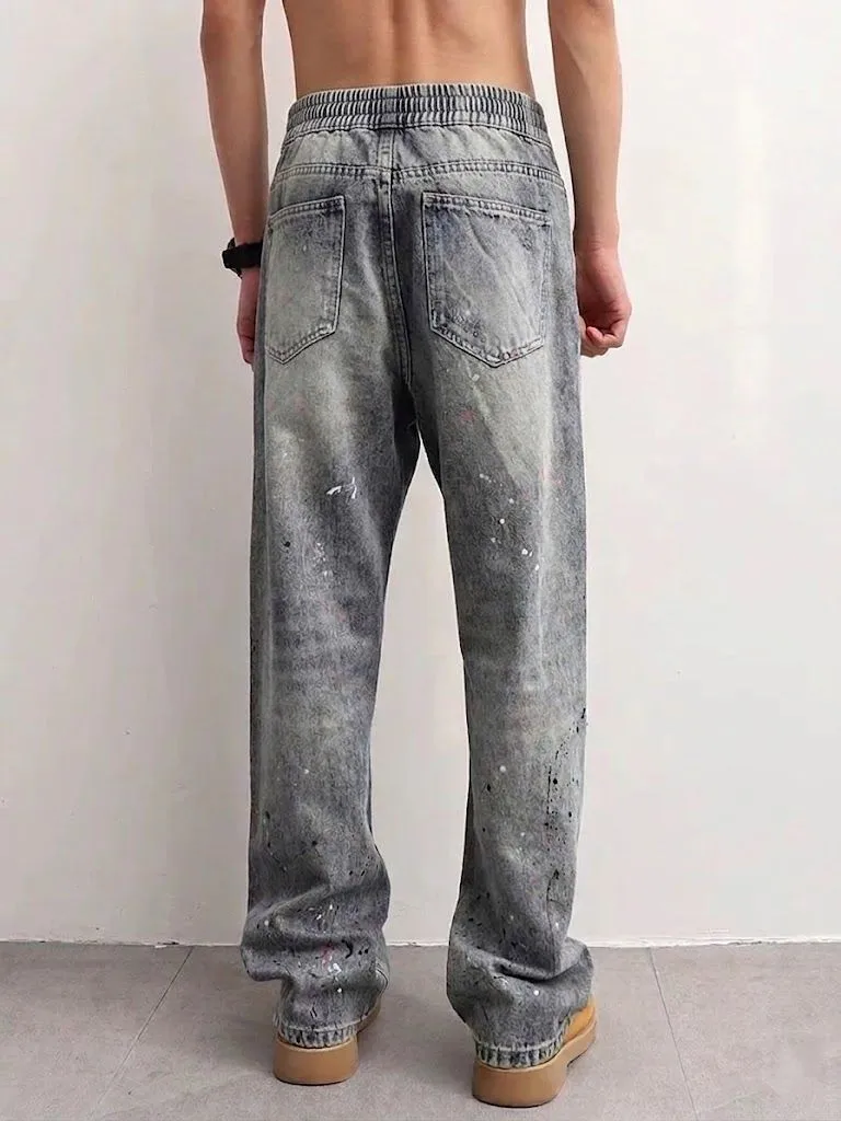 【HME】Men's Jeans | Vintage Grey Washed Distressed Denim Pants For Men, Multi‑Color Paint-Splash Ripped Denim Jeans, Destroyed Holes Baggy Straight-Leg Male Denim Trousers, Elastic Back Waist Denim Bottoms For Street Daily Wear
