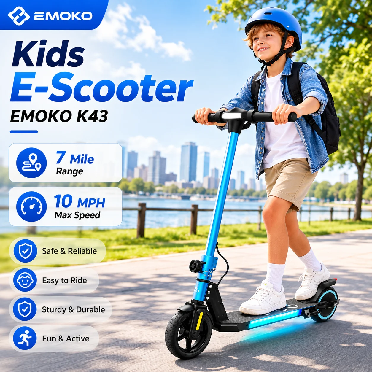 Kids E-Scooter EMOKO K43 Foldable Children E-Scooter 7 Mile Range 10 MPH Max Speed 3 Adjustable Speed Modes Smart LCD Display Electronic Brake + Foot Brake 3-Colorful LED Light for Backyard Park Riding Electric Scooter