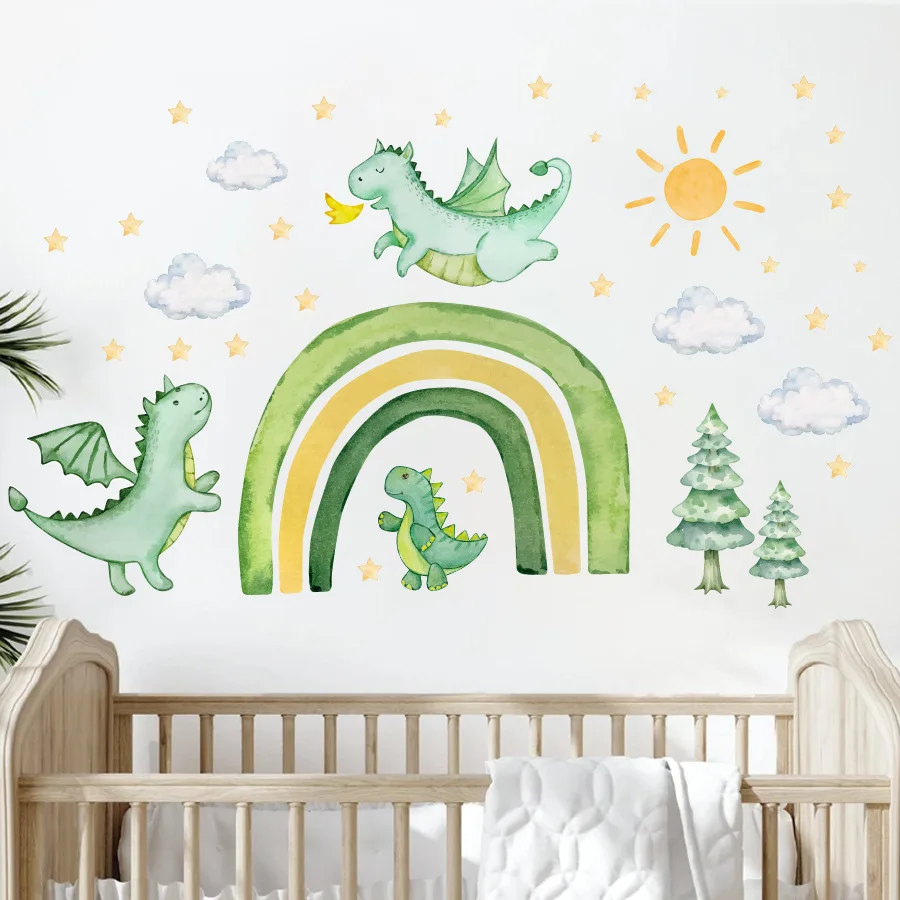 Cartoon Green Rainbow Flying Dragon Wall Stickers Cute Dinosaur Sun Cloud Decals Self-adhesive for Baby Bedroom Boys Room Decor