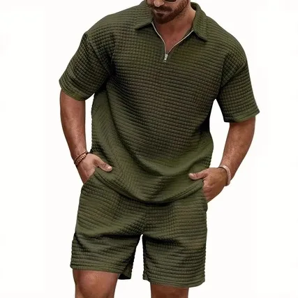 Summer New Men's Set Trendy Casual Fashion Small Square Comfortable Solid Color Polo Sport Set