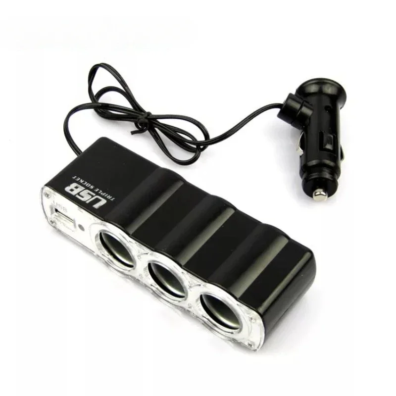 Car Lighter Adapter Charger Adapter Triple Splitter Lighter Output 12V ABS Black Cigar Lighter Multi Car Adapter Socket USB Port
