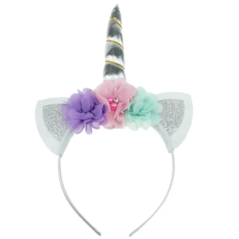 Handmade nowe dziewczyny róg jednorożca Hairband szyfon sztuczne kwiaty nakrycia głowy dla dzieci urodziny prezenty rekwizyty fotograficzne akcesoria do włosów — zdjęcie 4