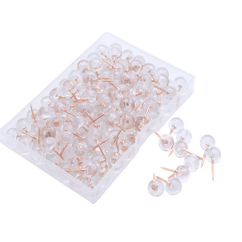 100Pcs/Box Plastic Metal Thumbtack Push Pins Transparent Head with Steel Point Cork Board Colored Drawing Pins School Supply