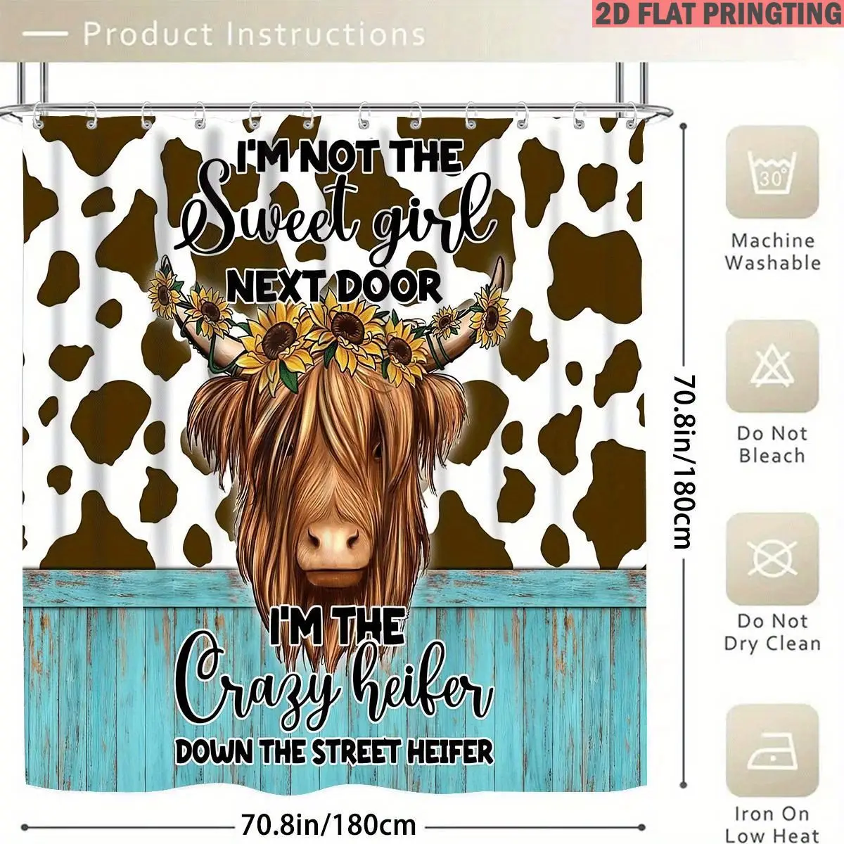 1pc/4pcs Shower Curtain and Bath Mat Set with print pattern Cow Print With Sunflowers And Text Design Non-Slip Bathroom Decor