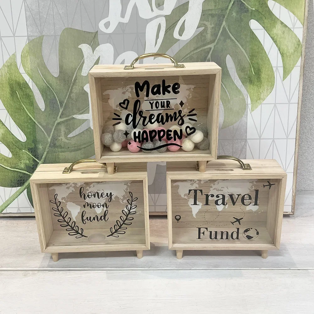 Wooden piggy bank, desktop travel fund storage box, transparent savings storage box, desktop decorative wooden box