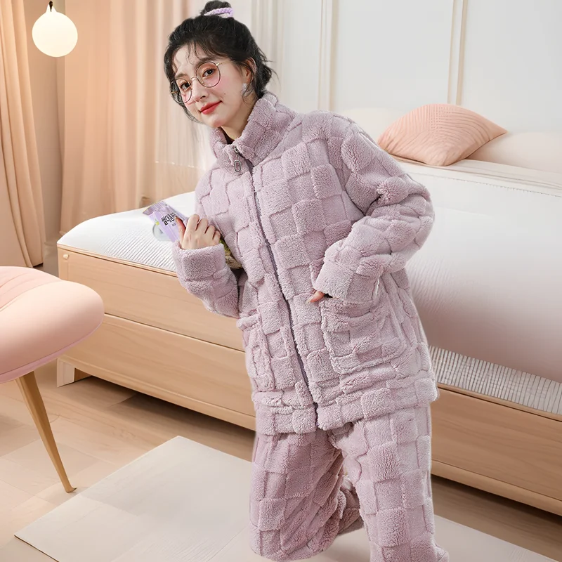 Autumn Winter New Women's Coral Fleece Zipper Fleece Pajamas Set Can Be Worn Outside Warm Loungewear Pjamas for Women