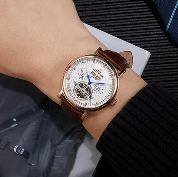 Reef Tiger Men Automatic Watch 42mm Mechanical Wristwatch Sapphire Multi-Dial Year Month Week Date