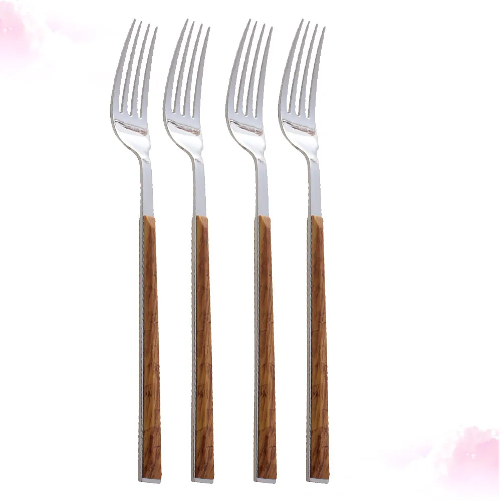 4Pcs Stainless Steel Flatware Set Polished Imitation Wood Handle Dinner Fork Spoon Steak Fork Salad Servers Salad Flatware Set