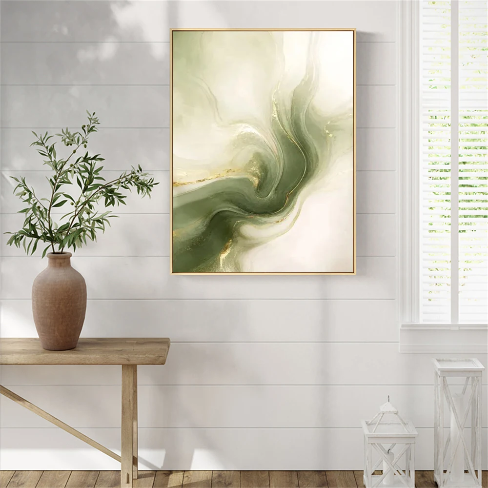 Sage Green Gold Foil Marble Abstract Canvas Poster Set Fluid Swirl Marble Texture Wall Art for Living Room Bedroom Home Decor
