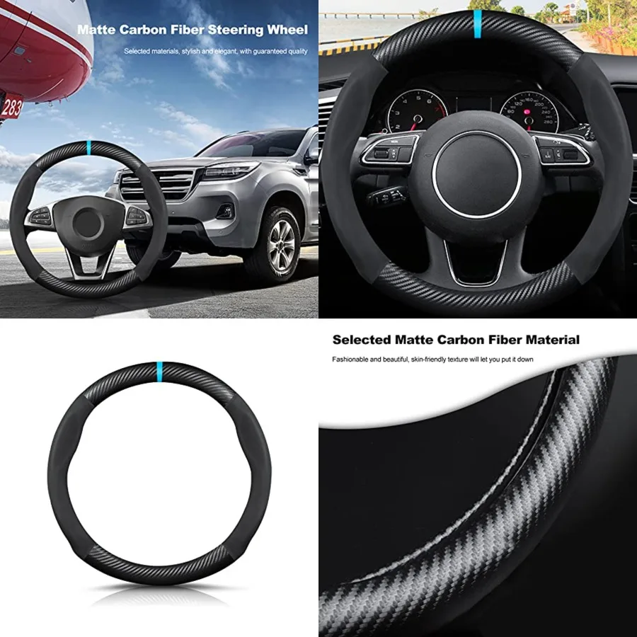 

Round Shape Carbon Fiber & Microfiber PU Leather Steering Wheel Cover Anti-Slip Car Steering Wheel Protector Breathable Sweat Absorbent Sport for Diameter 38cm（15"）-Black Blue