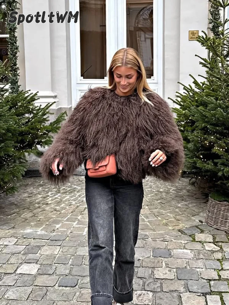Women Solid Shaggy Faux Fur Coat Open Front Fluffy Curly Fur Short Jacket Winter Warm Loose Fit Fashion Lady Street Outerwear