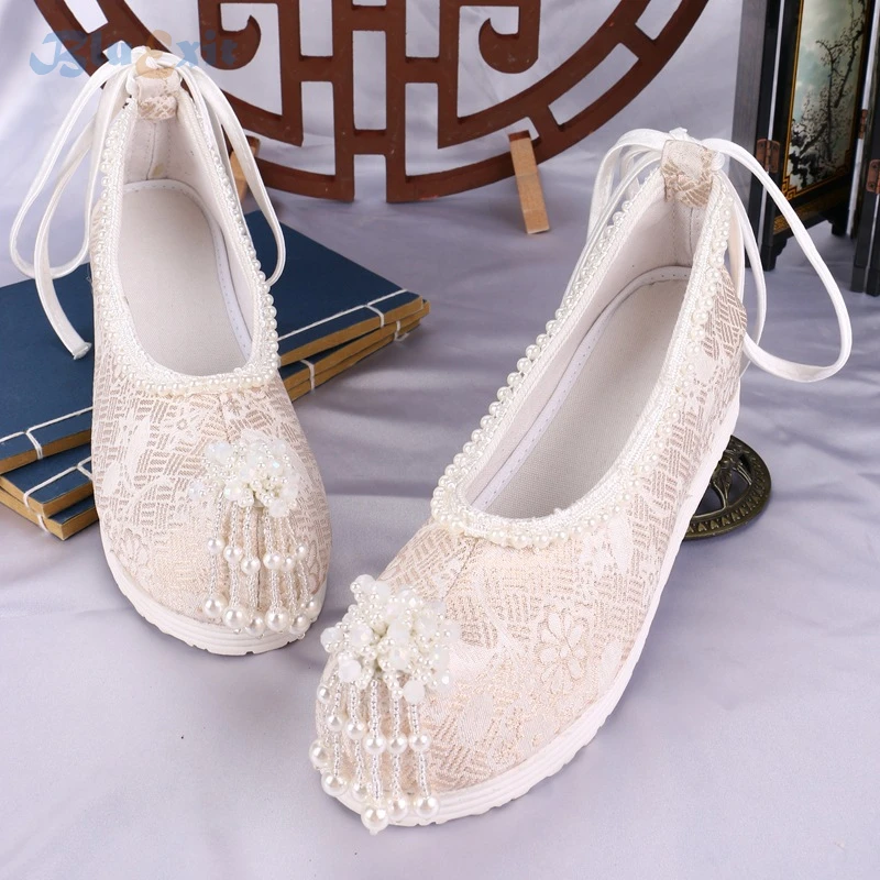 35-40 Chinese Traditional Hanfu Shoes Women Hidden Heels Ancient Oriental Wedge Floral Texured Pearls Beige Lace Slip-on