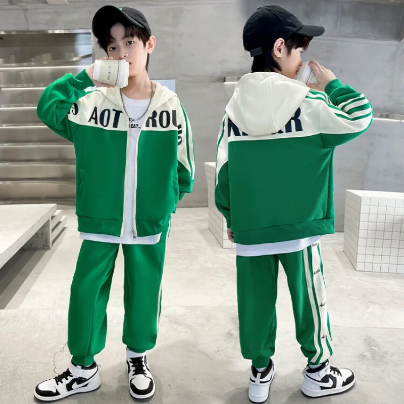 

2024 New Teenager Boys' Sets Zippper Coat Loose Pants Side Striped Letter Printing Autumn Spring Causal Fashionable 5-14 Yrs