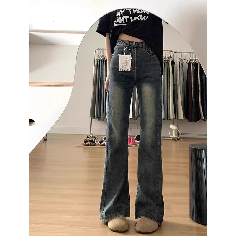 Spring New Retro Micro Flared Denim Jeans Women's Rock Grey High Waist Elastic Slimming  Hoof Flared Pants Cotton Stretc...