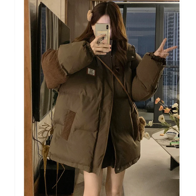 Brown Down Jacket Women Coat Black Hooded Fashion American Streetwear Y2K Style Duck Down Feather Female Winter Short Outwear