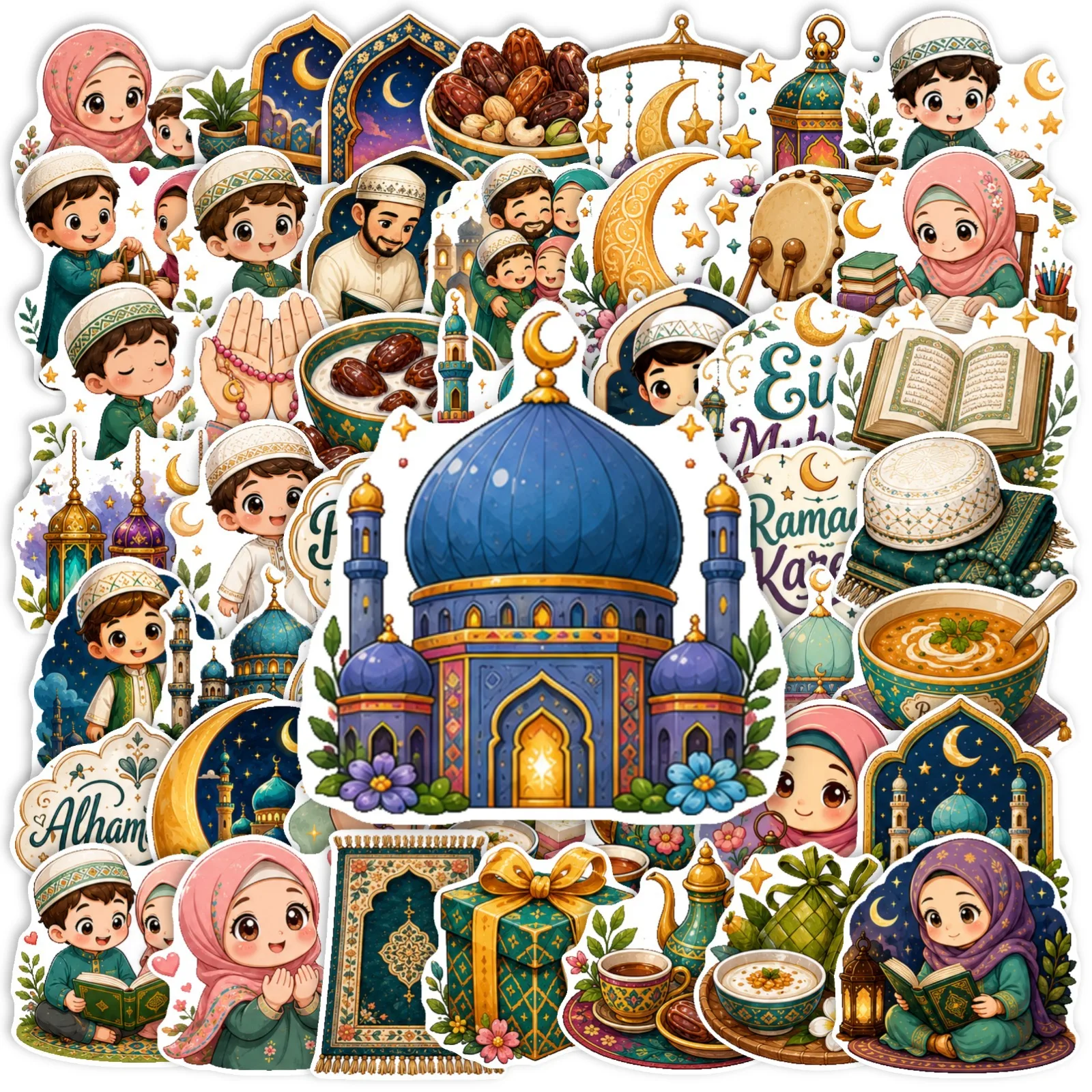 50 PCS Middle Eastern Festival Stickers Waterproof Cute Cartoon Characters Lanterns Dates Mosque Design Journal Stickers for Pla