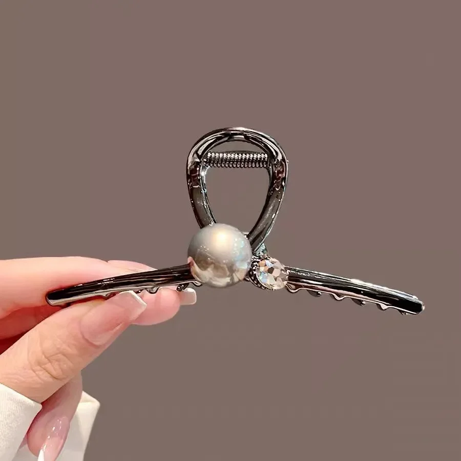 Hochwertige Schwarz-Graue Perlen-Haarspange, Elegante Haarklammer, Schlichte Metall-Haarkralle für Damen, Hinterkopf-Haargreifer