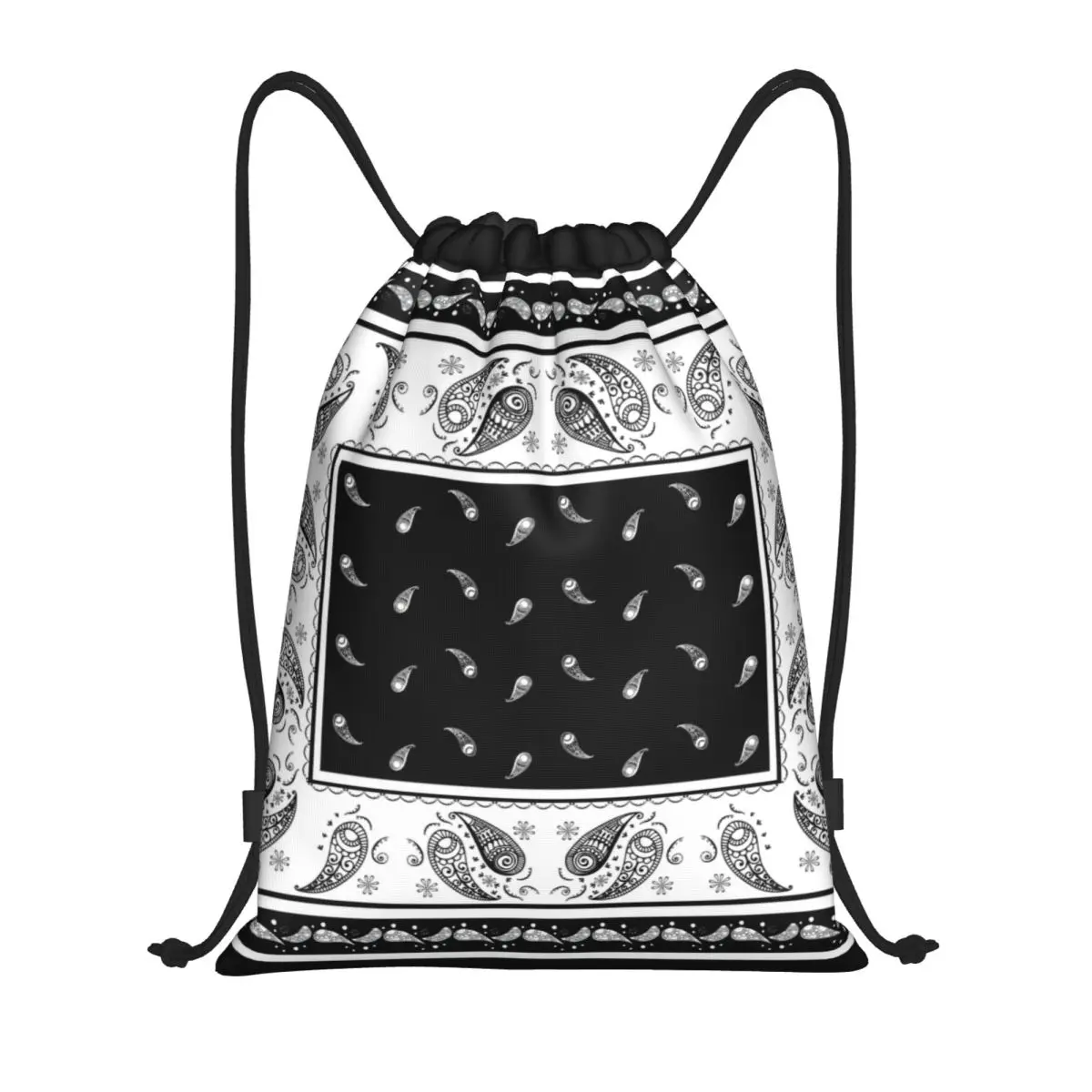 Black And White Paisley Bandana Pattern Drawstring Backpack Sports Gym Bag for Men Women Bohemian Floral Style Training Sackpack