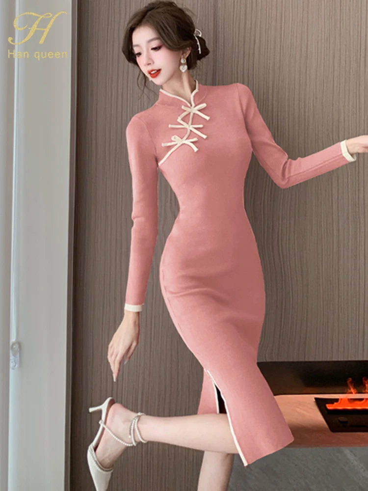 H Han Queen Winter Dress Fashion Color Blocking Bottoming Office Pencil Elastic Knitted Women Sheath Dresses Work Party Vestidos