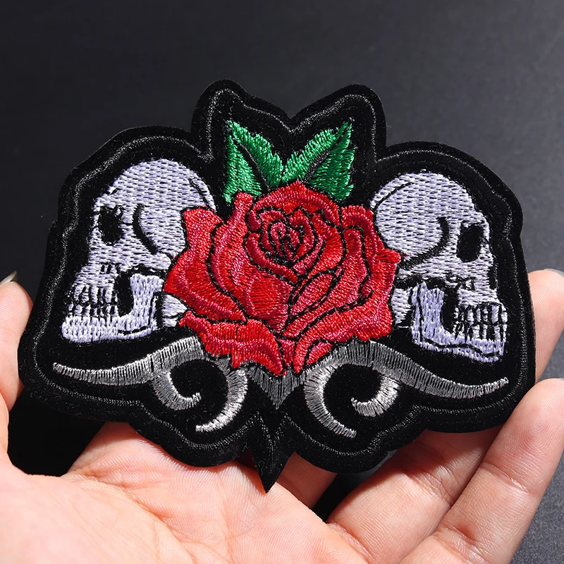 

Double skull rose size: 10x7.8cm Patches DIY for T-shirt Iron on Stripes Appliques Clothes Stickers Clothing Embroidery Badges