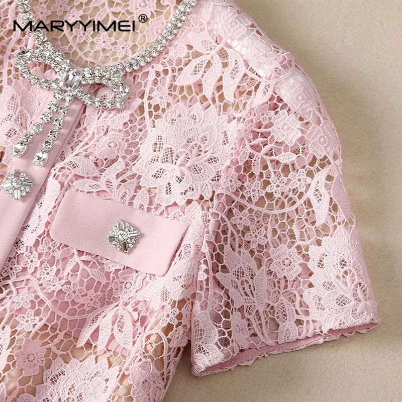 MARYYIMEI Chic Lace Hollow Out Summer Dress Short-Sleeved Single-Breasted Lace-Up Beading New Fashion S-3XL Long Dresses