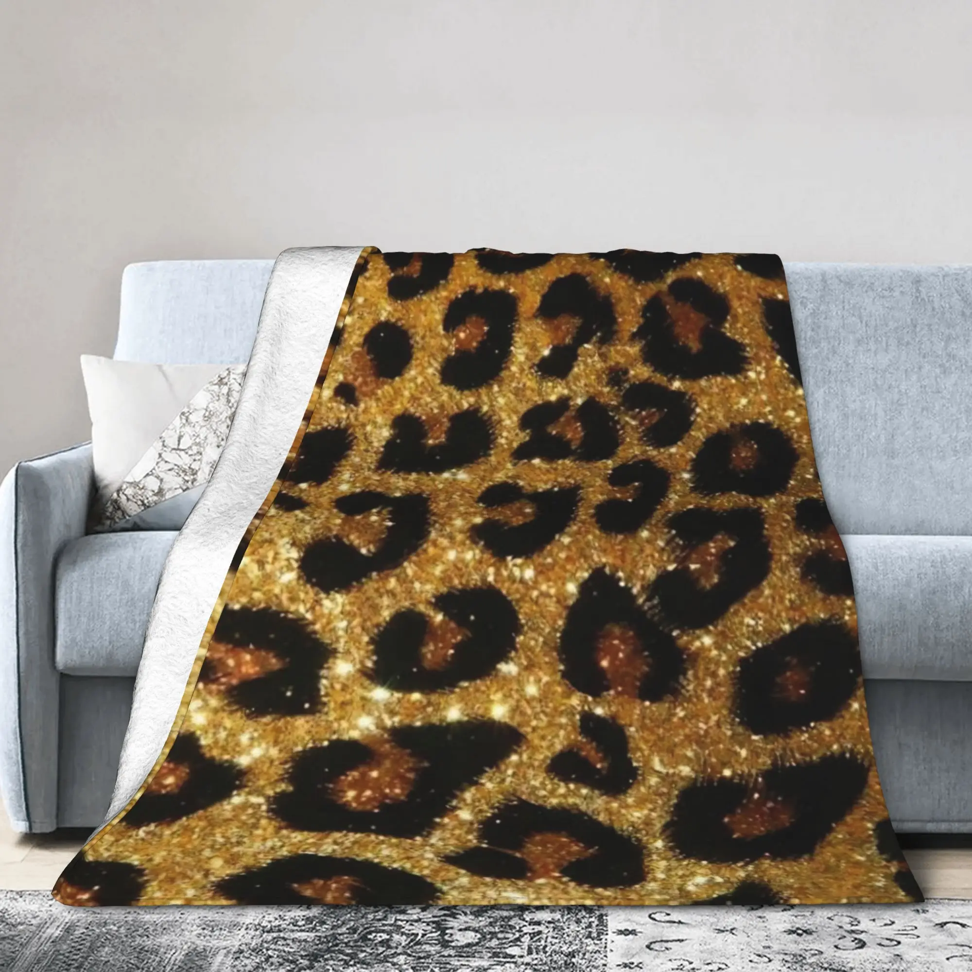 Leopard Knitted Blanket Fleece Faux Fur Warm Throw Blankets for Airplane Travel Bedroom Quilt