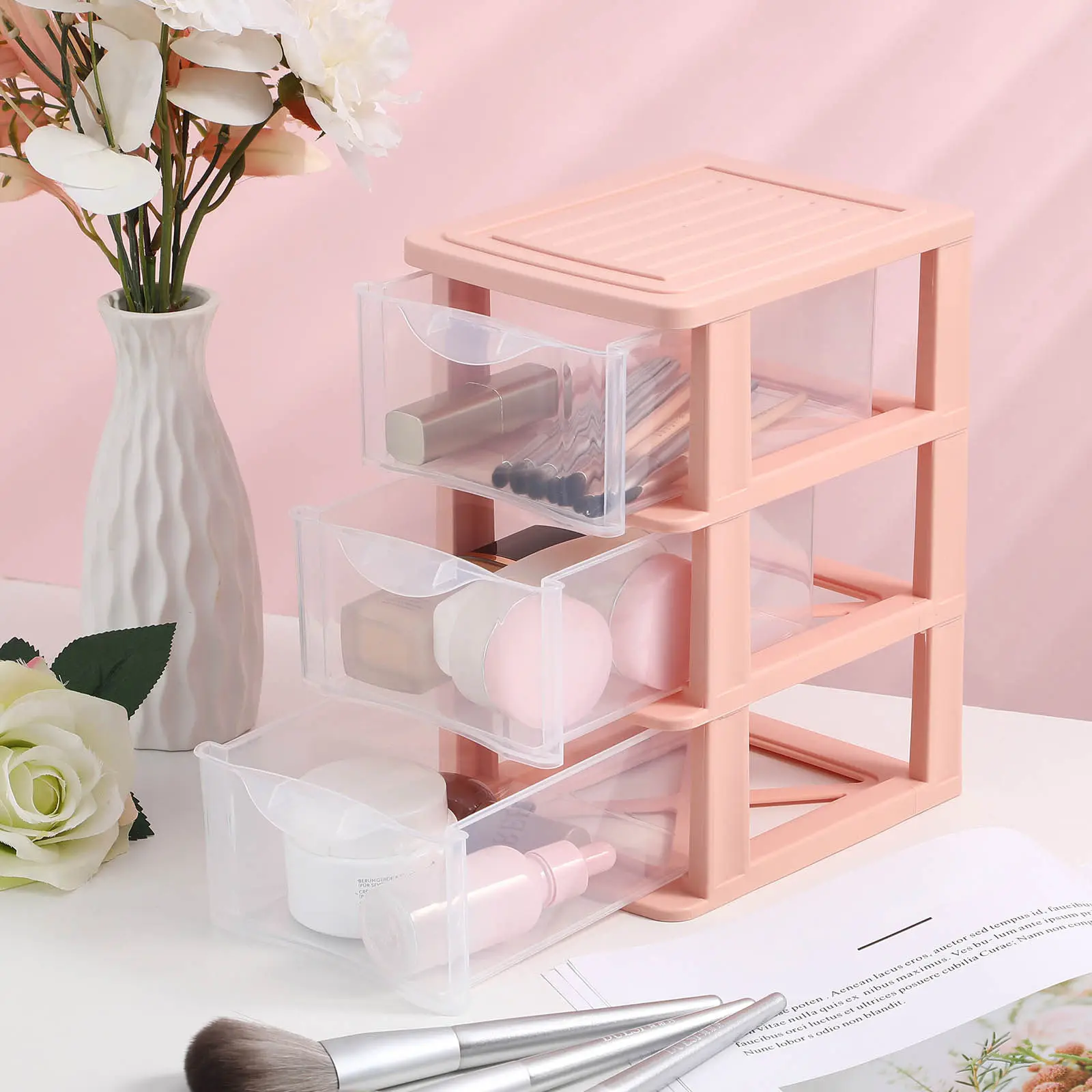 デスクトッププラスチック収納オーガナイザー-3層引き出しユニット-文房具-化粧品-ジュエリー-多機能小型収納引き出し