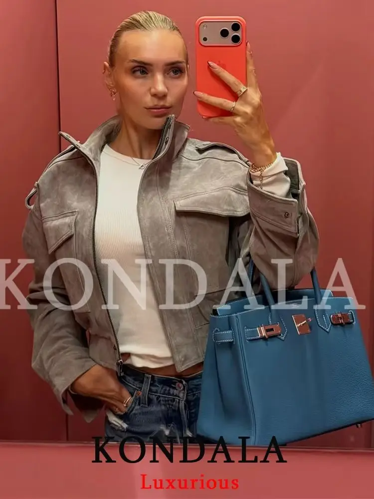 KONDALA Streetwear Lässige Damen-Wildlederjacke mit Stehkragen, Taschen und Reißverschluss, Langarm, Kurze Jacke, Mode 2026 Herbst-Winter-Jacke